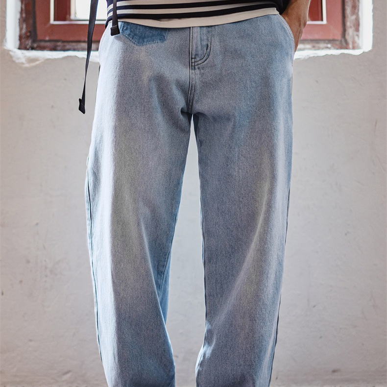 American Retro Washed Blue Pure Cotton Fringed Straight Leg Casual Dad Denim Jeans