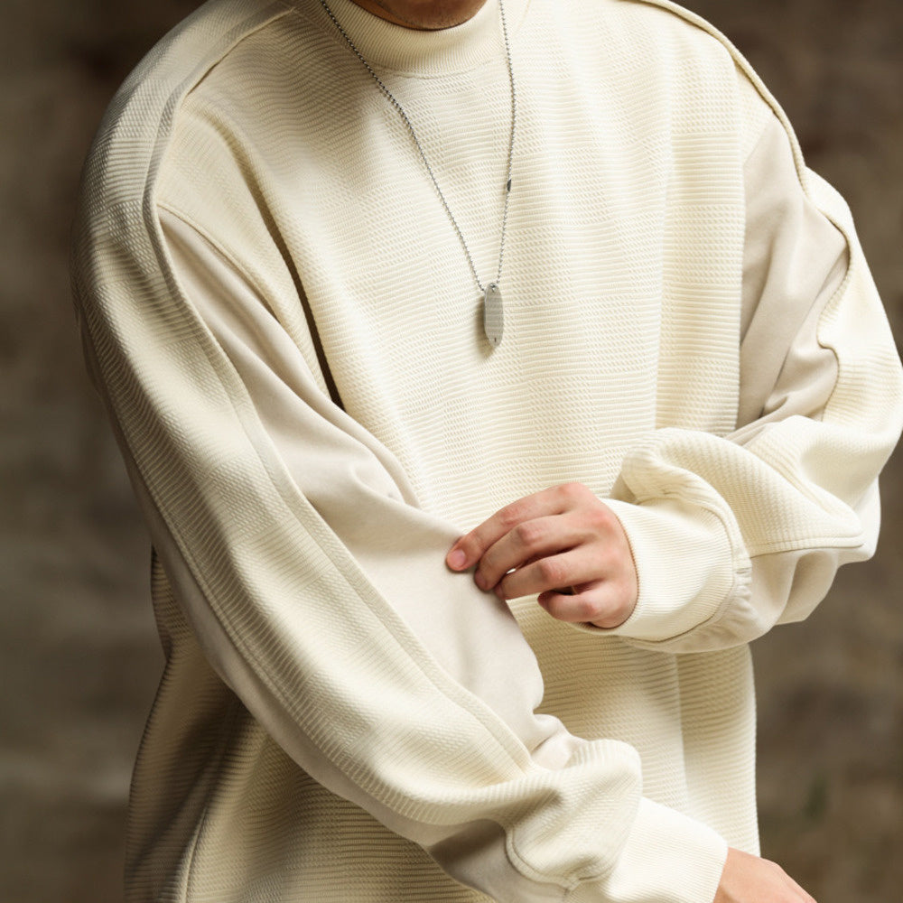 Autumn casual jacquard checkered design sense round neck sweatshirt with spliced sleeves and layered pullover top