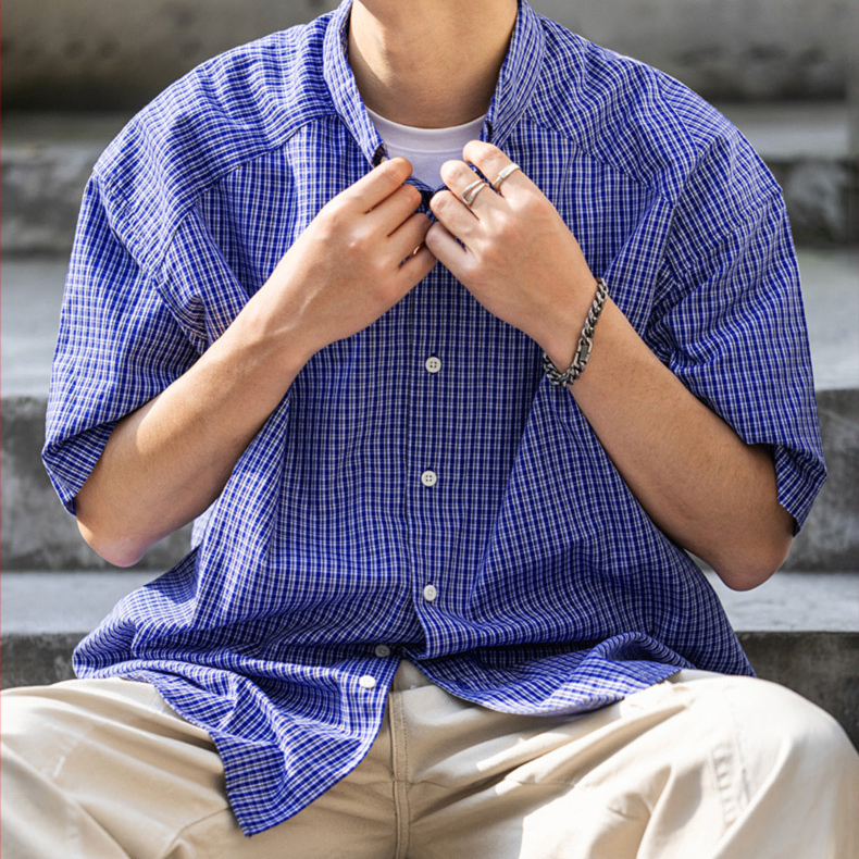 Summer men's plaid pure cotton casual loose short sleeved shirt