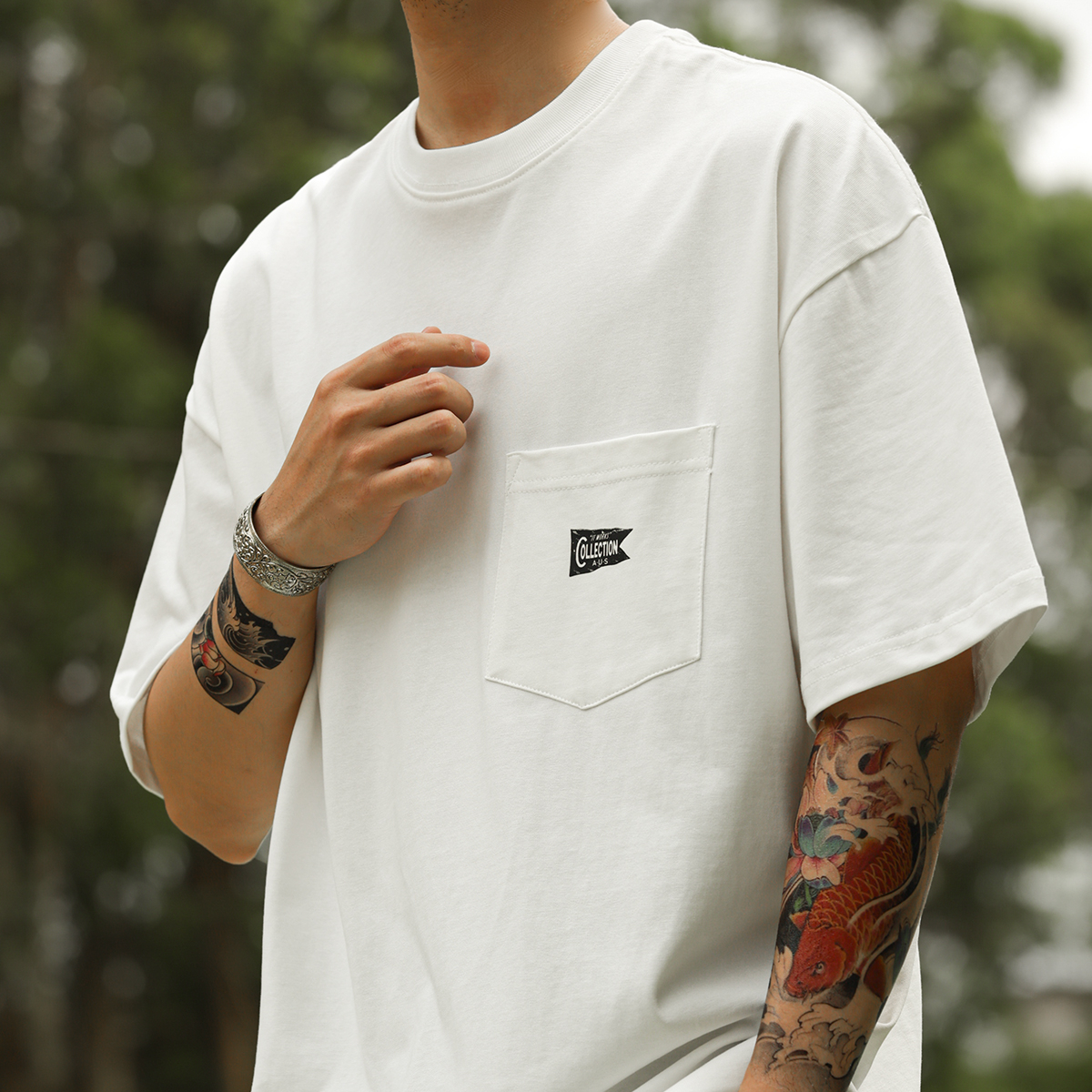 American retro 280g men's pocket design pure cotton casual T-shirt
