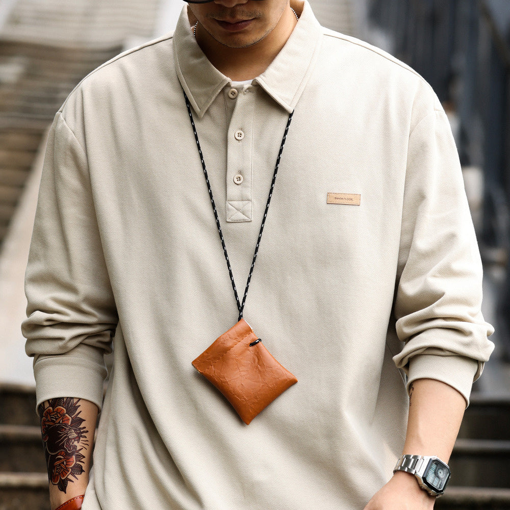 long sleeved polo shirt, loose and simple, with a high-end feel inside. Knitted collar T-shirt trendy