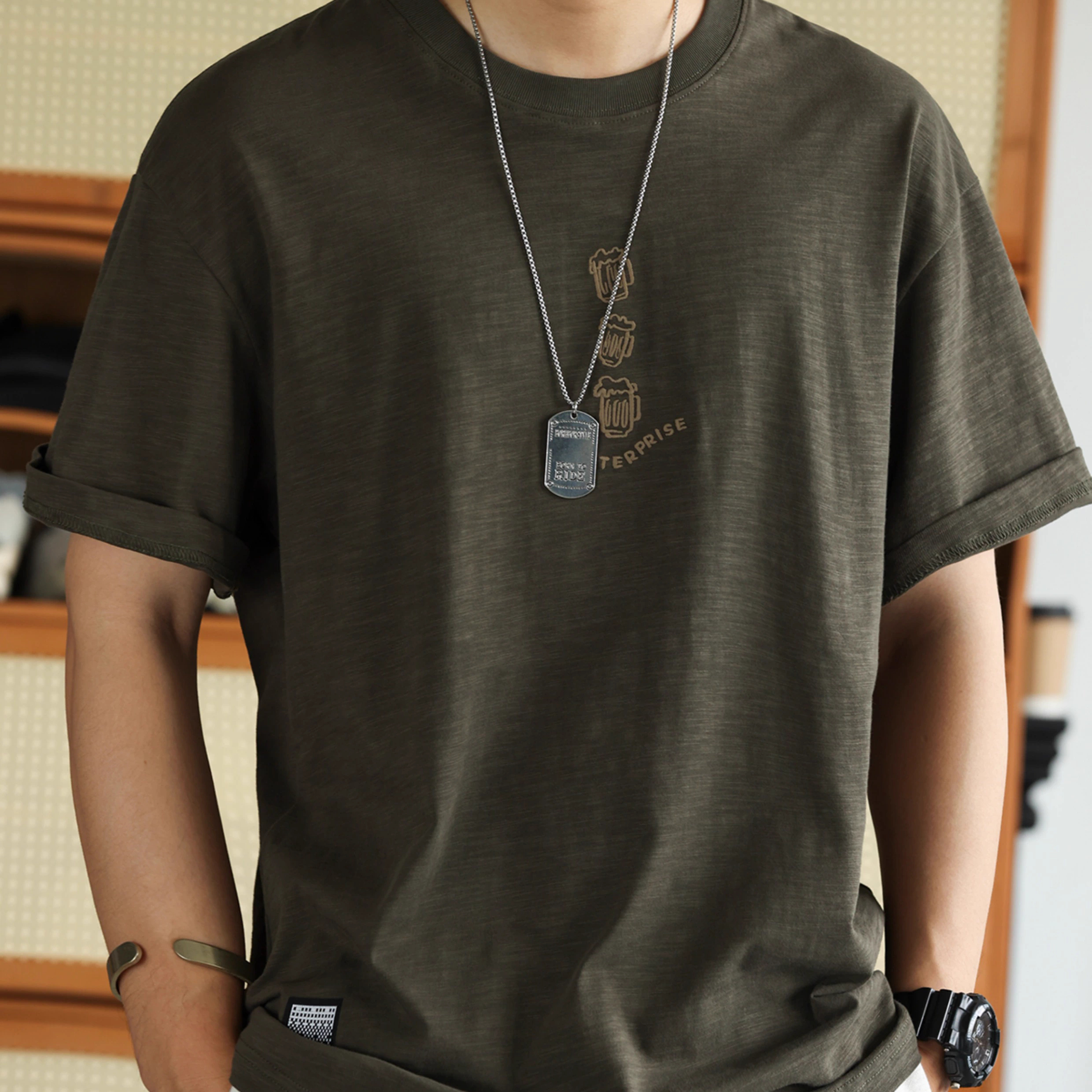 American retro 230g cotton men's fun embroidered round neck T-shirt