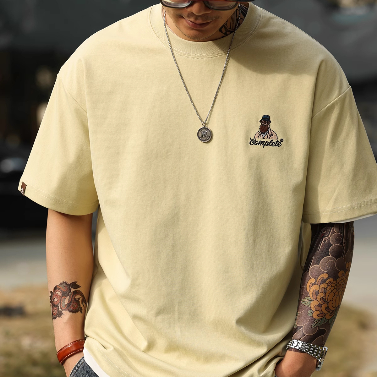 American casual fun embroidery 210g cotton short pulled T-shirt