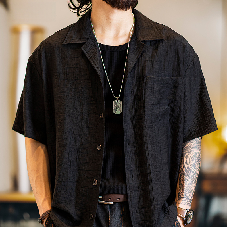 American retro Cuban collar jacquard men's summer short sleeved shirt