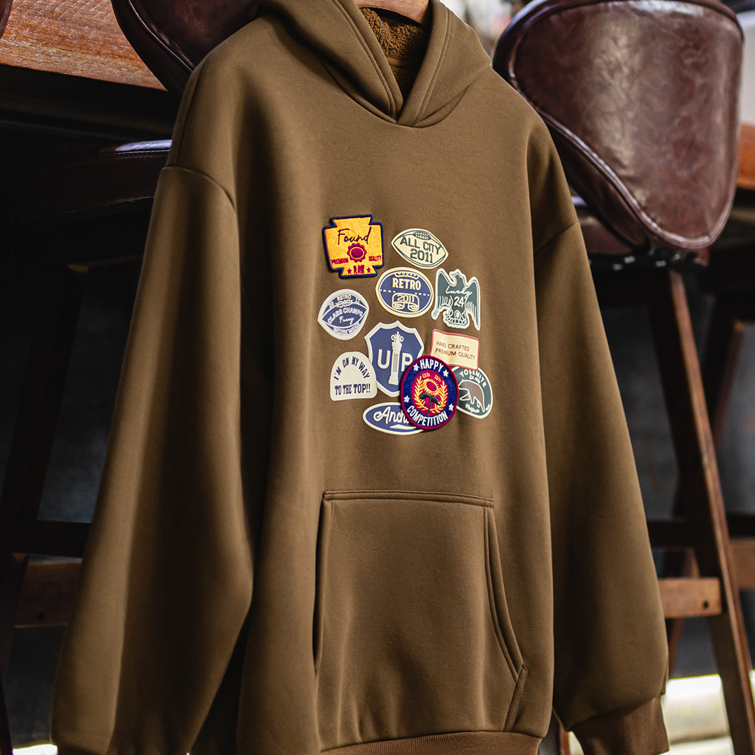 American Brown Emblem Embroidered Velvet Knitted Maillard Loose Hoodie