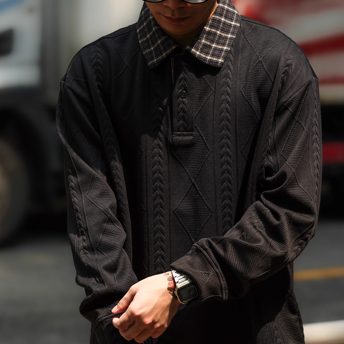 American Casual Knitted Texture Men'S Contrasting Plaid Lapel Long Sleeved Polo Shirt