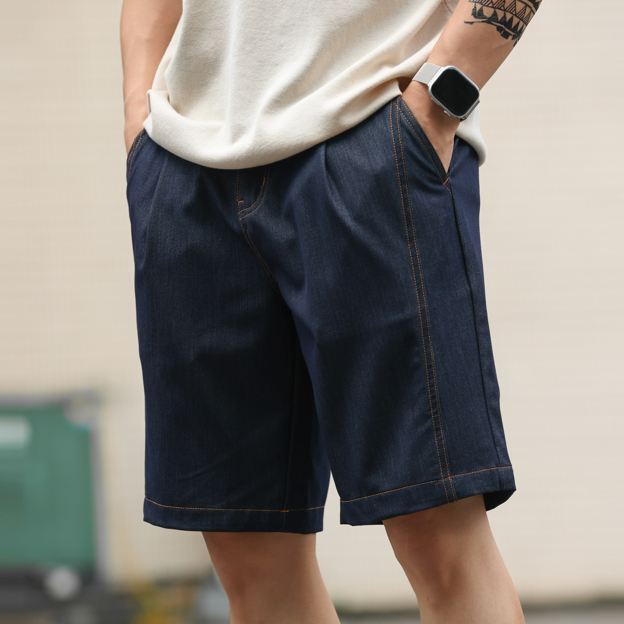 American retro men's wrinkle resistant and easy to maintain casual thin denim shorts