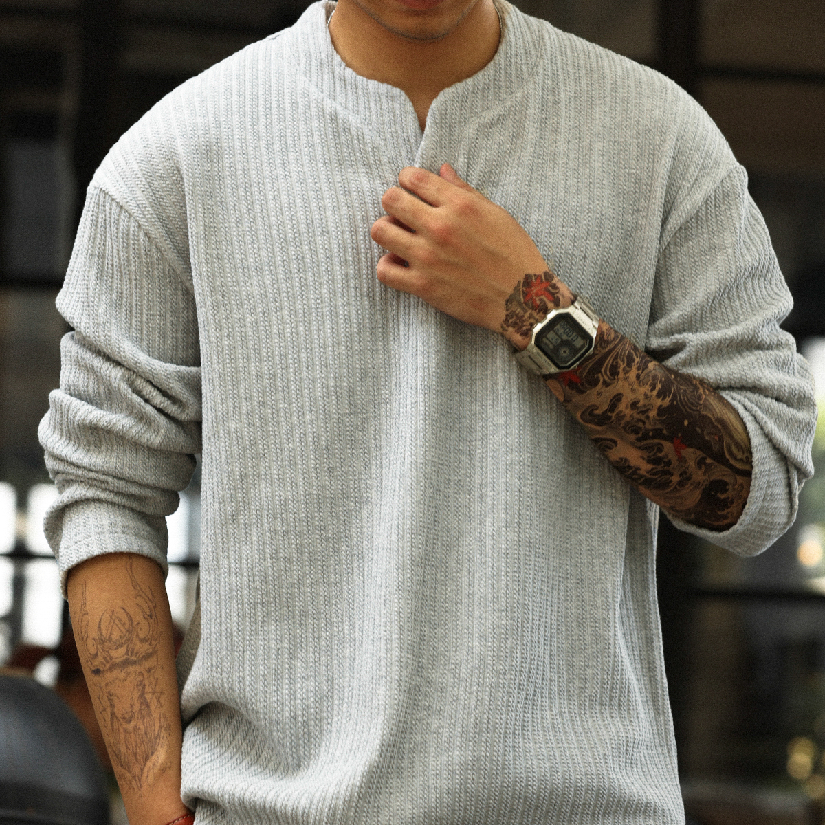 American Jacquard Small V-Neck Men's 330g Heavy-Duty Long Sleeved T-Shirt