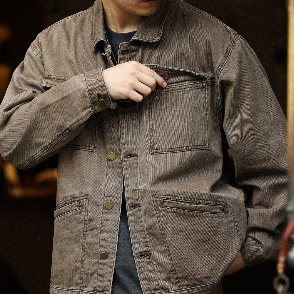 Atsu wash off hunting jacket men's multi pocket loose brown Detroit jacket