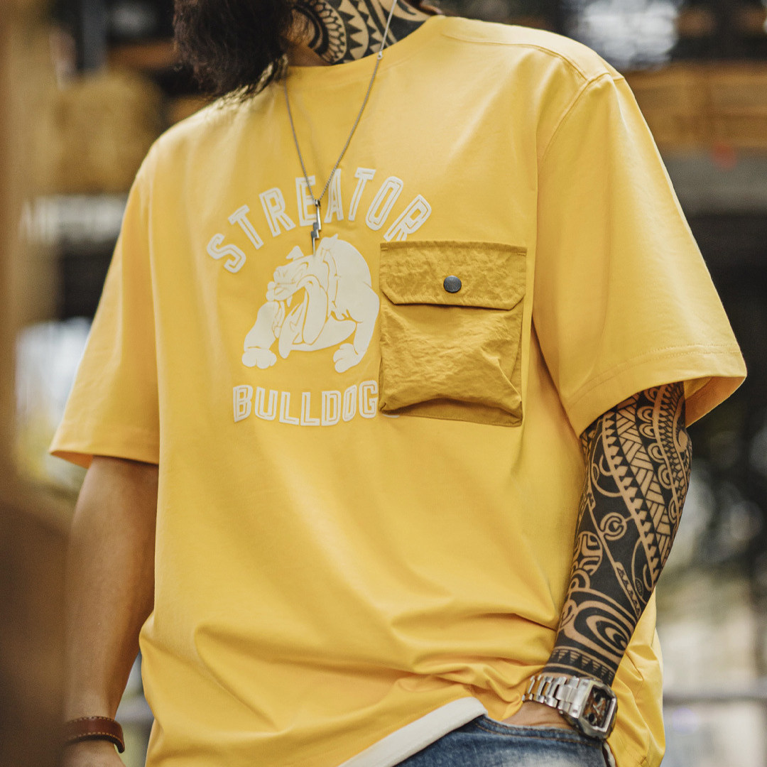 American printed men's loose shoulder sleeves with ginger thread collar pockets T-shirts