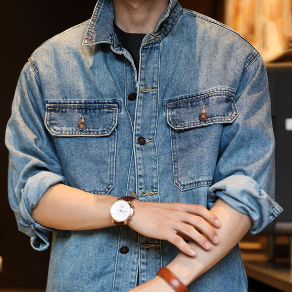 Washed 9.5oz denim shirt, Lyocell collar, workwear jacket