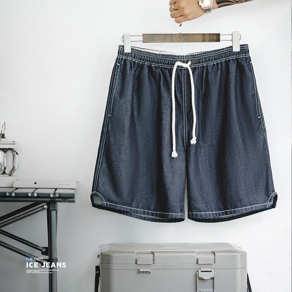 Maden casual ice leather denim shorts, denim cool cut cropped pants, loose fitting straight leg half pants