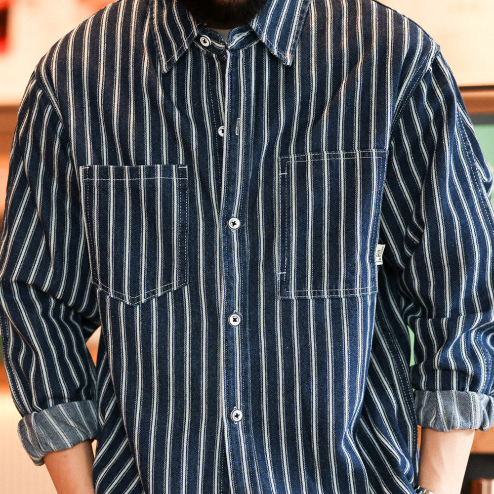 Vertical striped shirt men's slightly wide long sleeved pocket outdoor casual denim shirt jacket