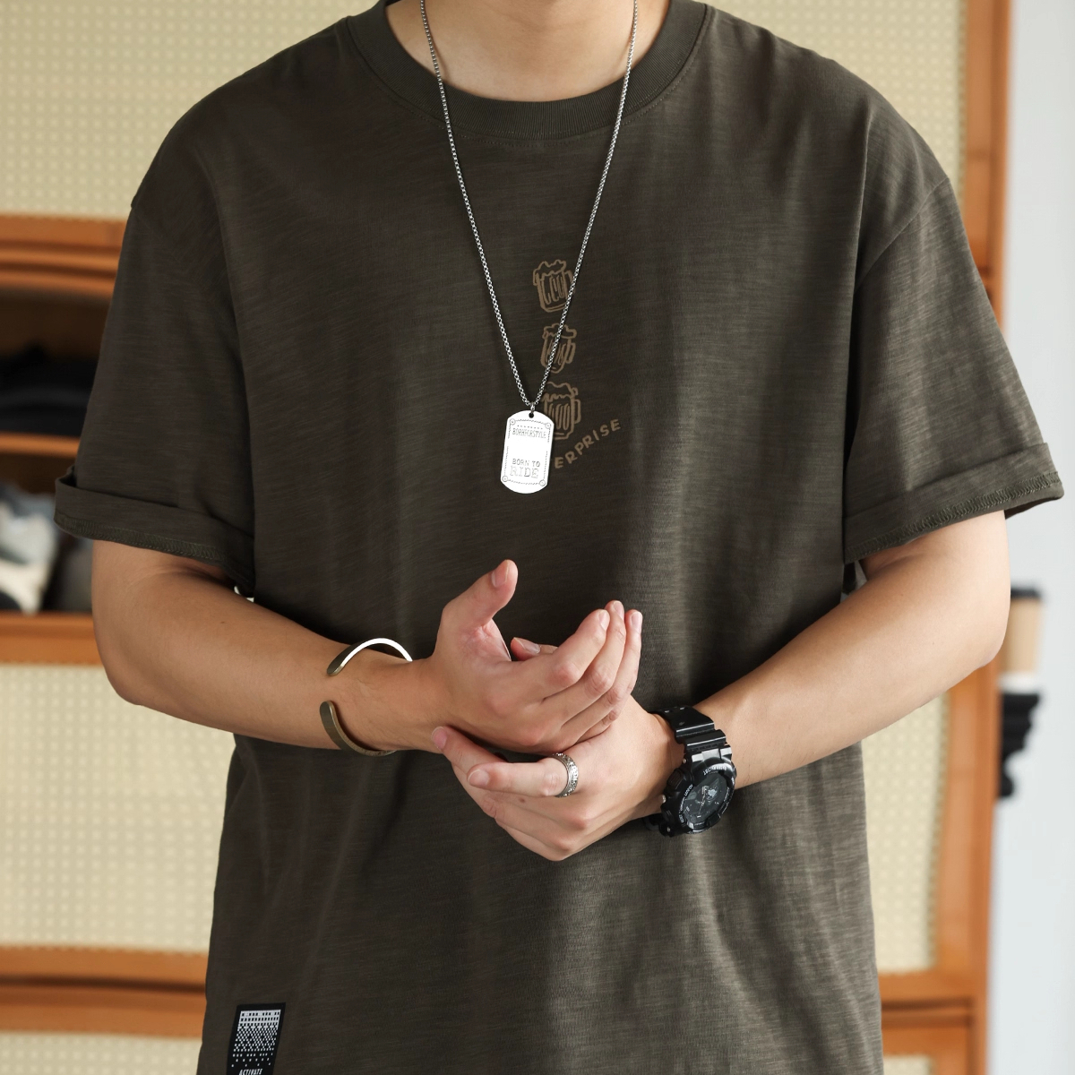 American retro 230g cotton men's fun embroidered round neck T-shirt