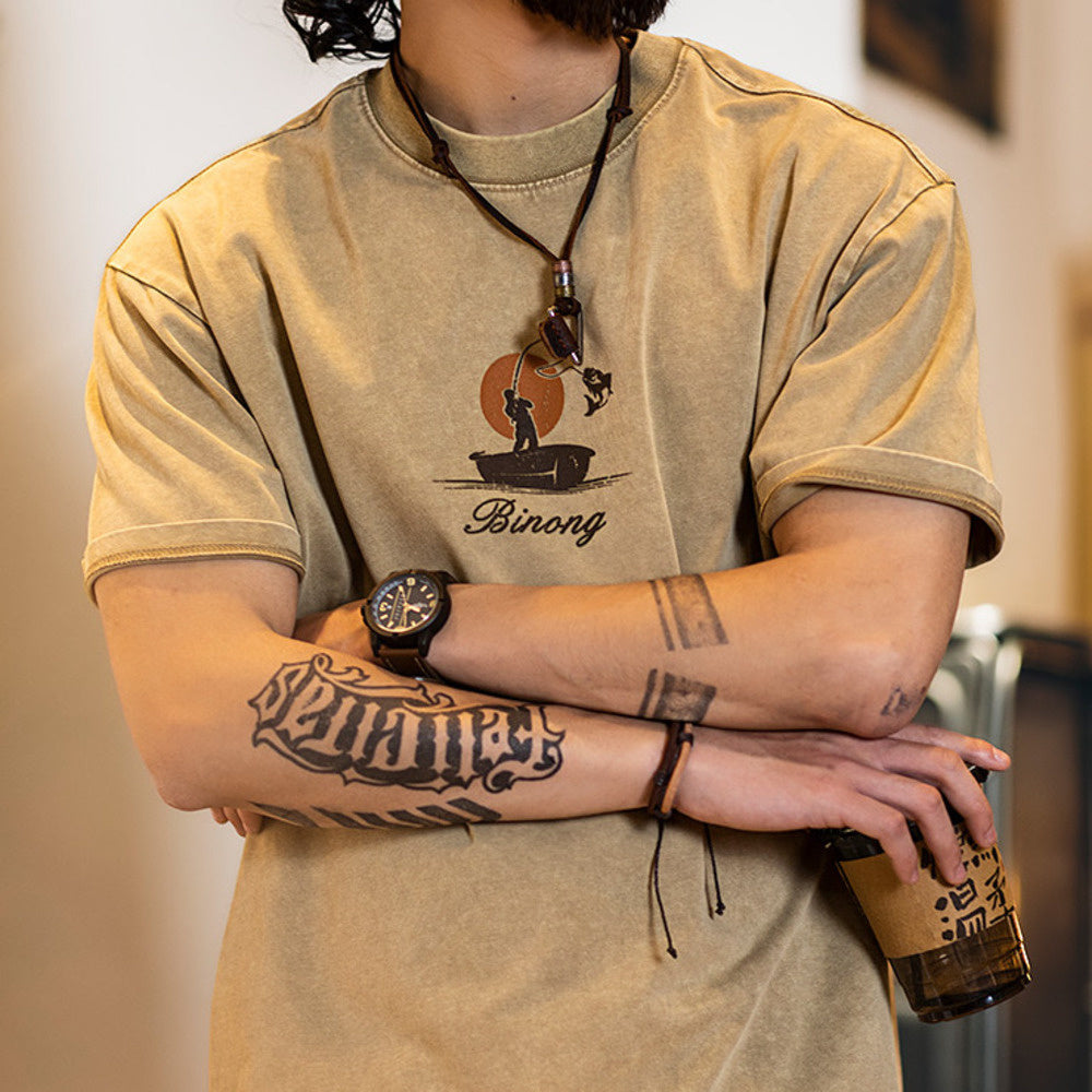 American style vintage men's summer loose print pure cotton short sleeved t-shirt