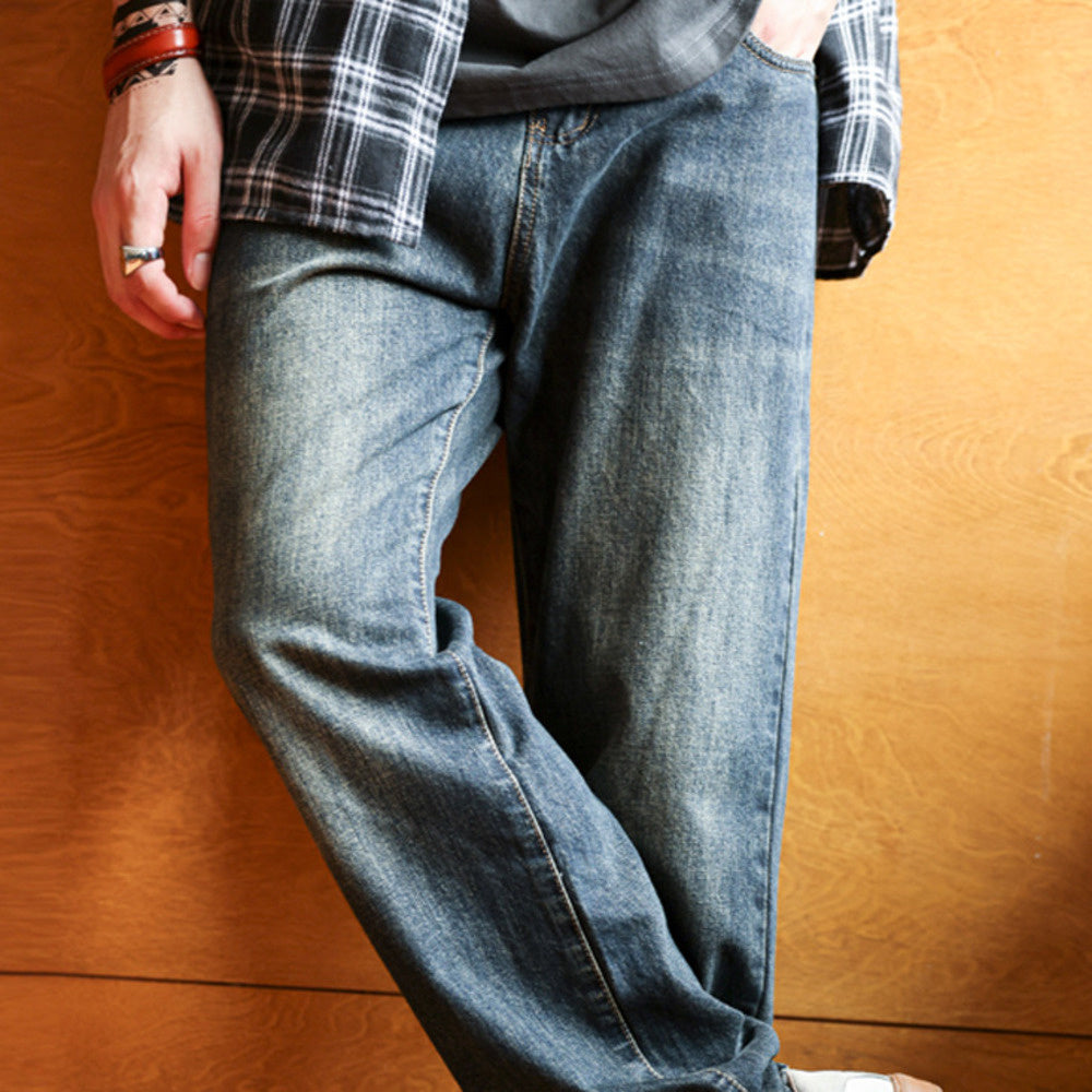 Washed blue jeans for men, loose straight leg with a sense of falling, casual wide leg dad pants