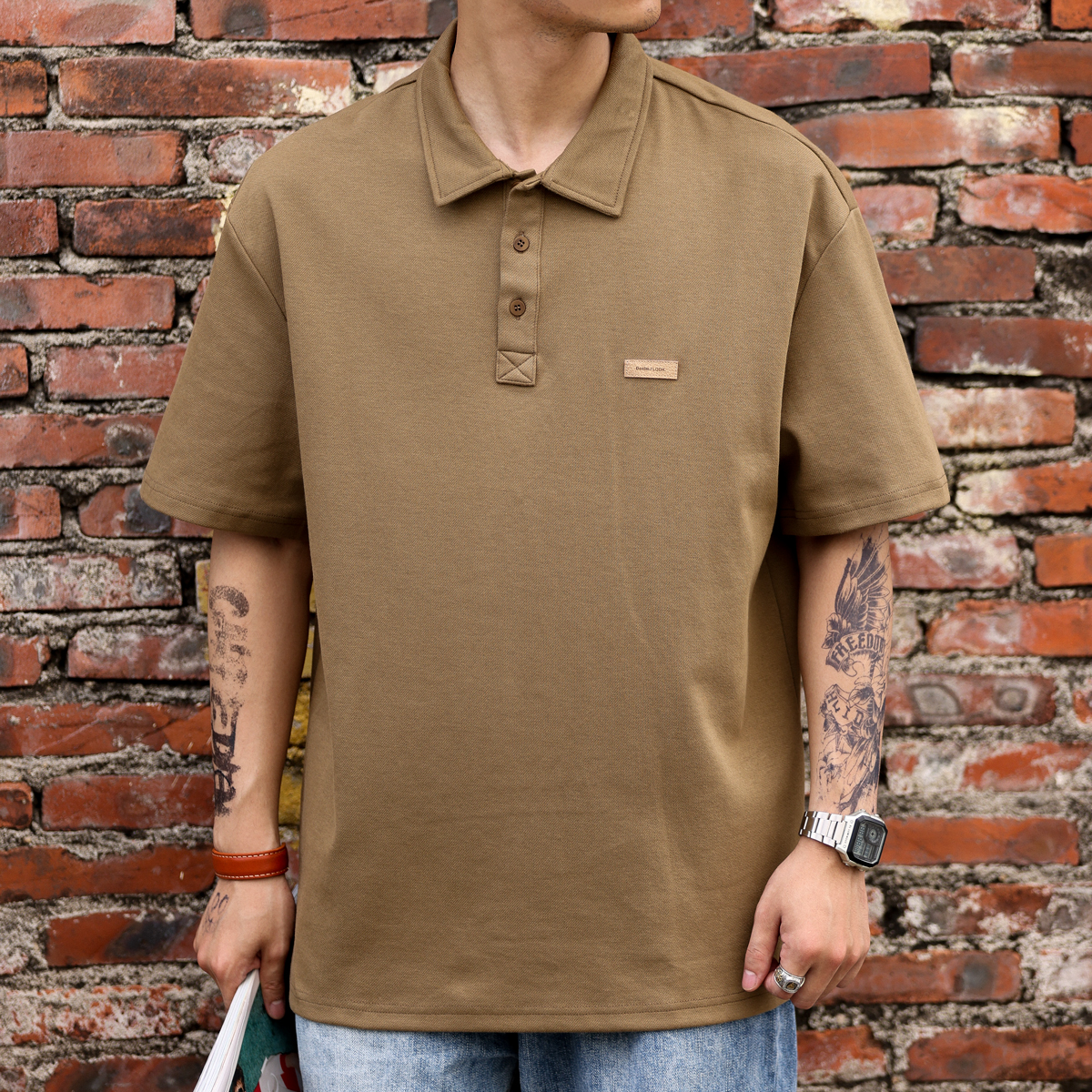 Summer Japanese men's loose collared casual short sleeved polo shirt