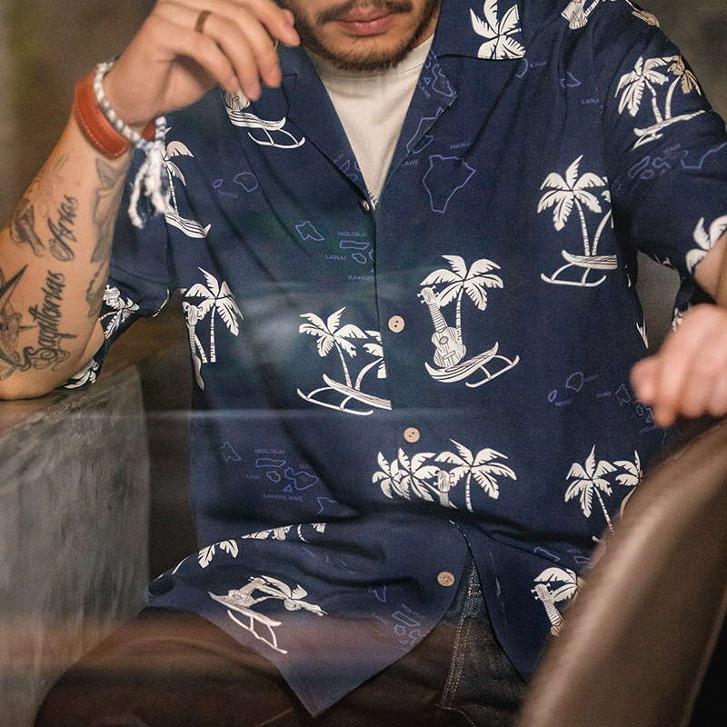 Maden Vintage Barneck Coconut Beach Shirt Short sleeved Hawaiian Beach Holiday Print Shirt