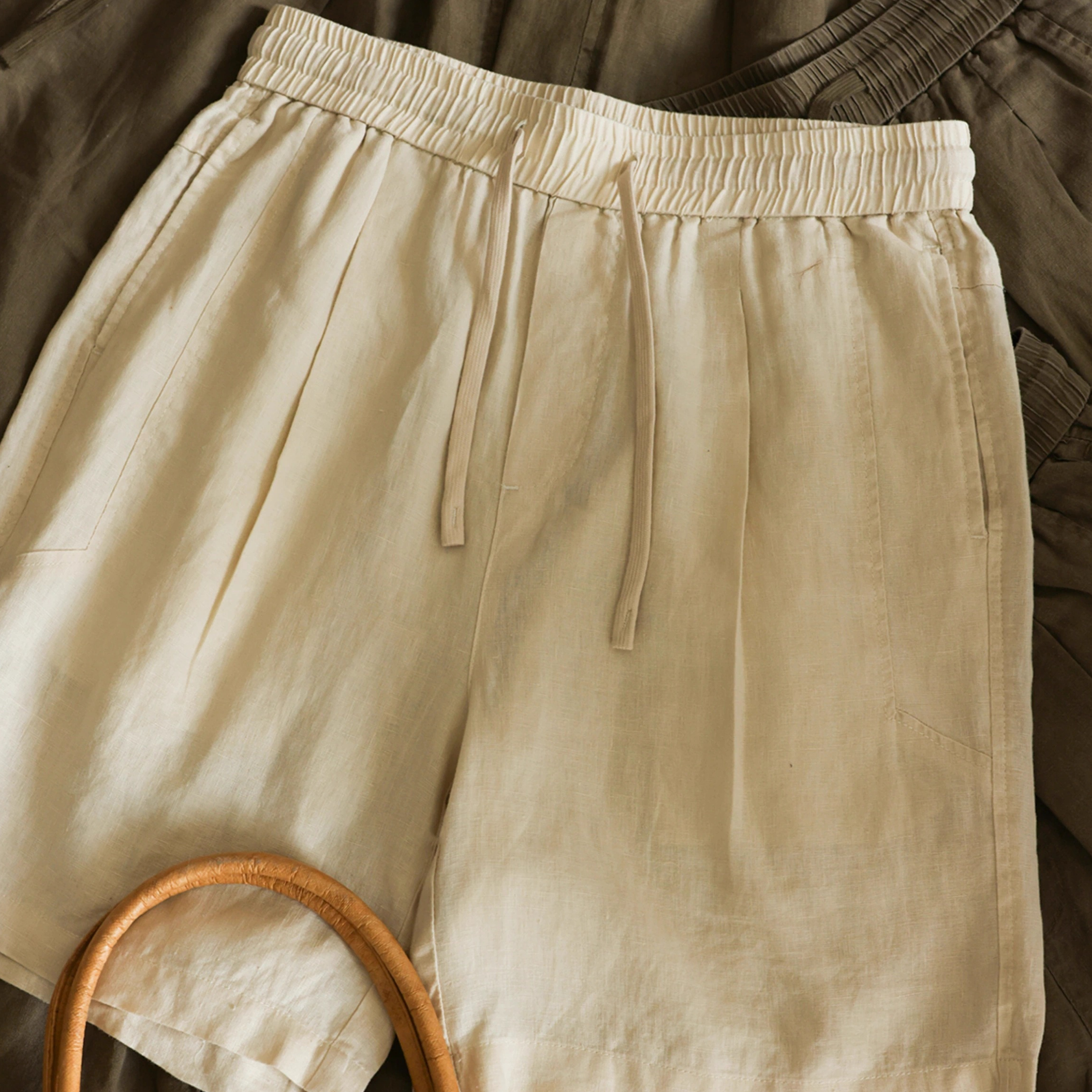 Summer casual 100% linen men's drawstring elastic waist breathable shorts