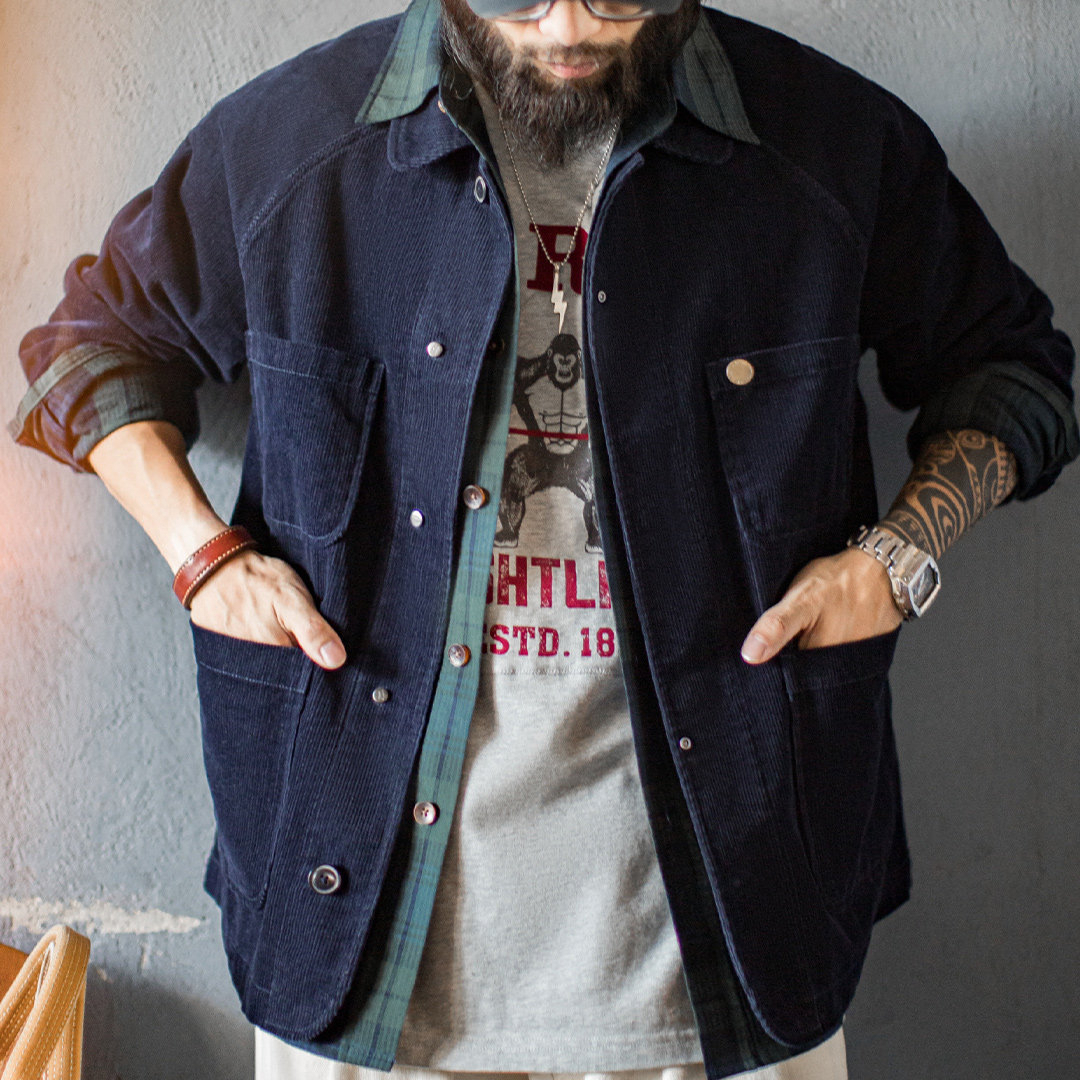 American Retro Corduroy Four Pocket Hunting Jacket Short, Navy Blue Lapel Thin Jacket