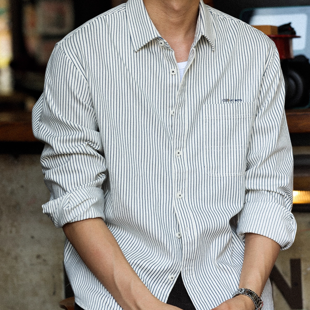 American Style Minimalist Contrasting Striped Men's Embroidered Pocket Shirt