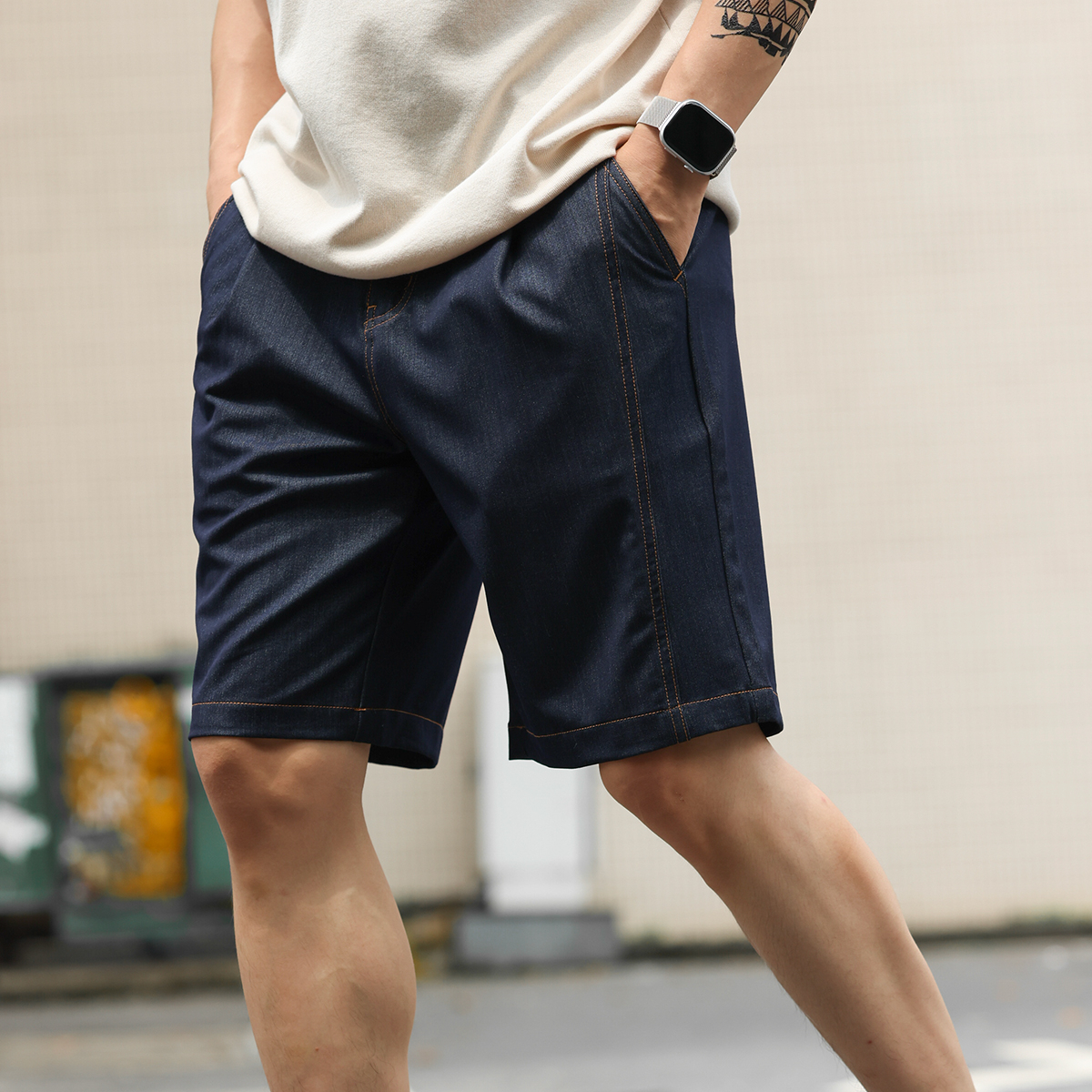 American retro men's wrinkle resistant and easy to maintain casual thin denim shorts