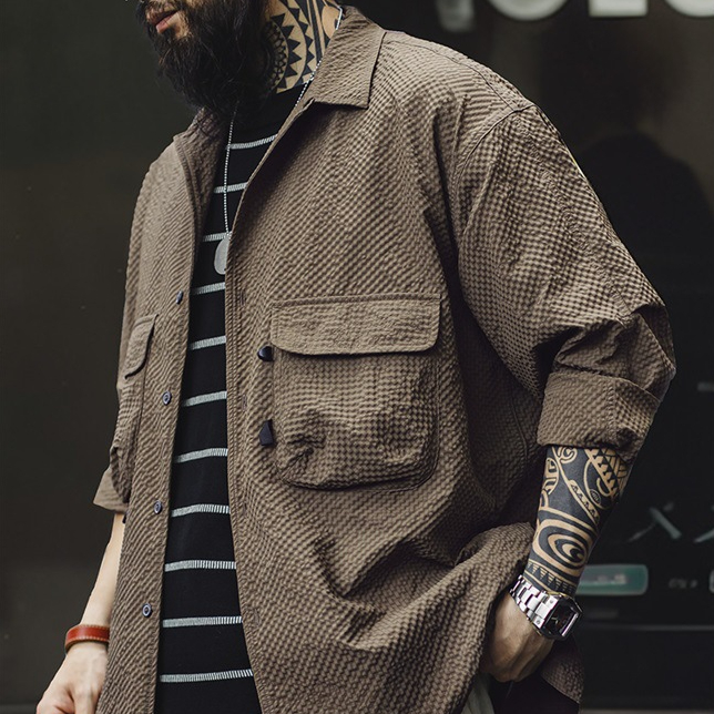 Maden Mountain style outdoor Cuban collar foam gauze, wrinkle resistant pocket, thin long sleeved shirt