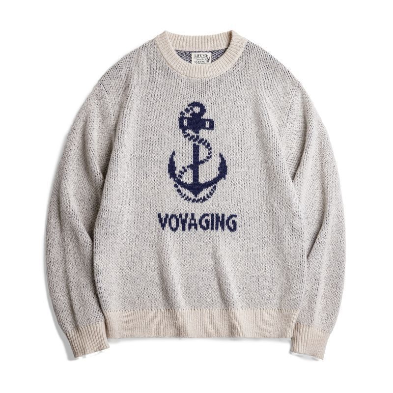 Maden Vintage Knit Anchor Jacquard Sweater Vintage Pullover Crew Neck Bottom Sweater