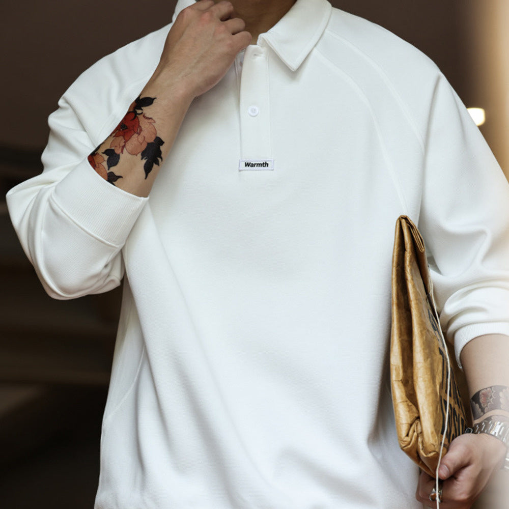 Japanese retro lapel long sleeved polo shirt 300g heavyweight split splicing raglan casual top