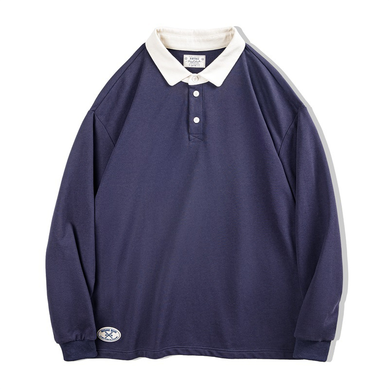 Maden Vintage Knitted Contrast Polo Sweatshirt with Academy Style Loose Polo Collar Long Sleeve T-shirt