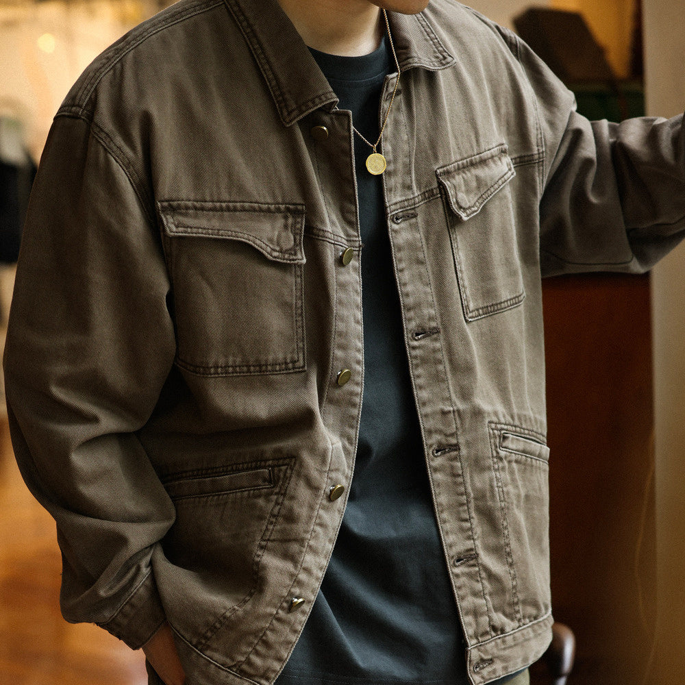 Atsu wash off hunting jacket men's multi pocket loose brown Detroit jacket