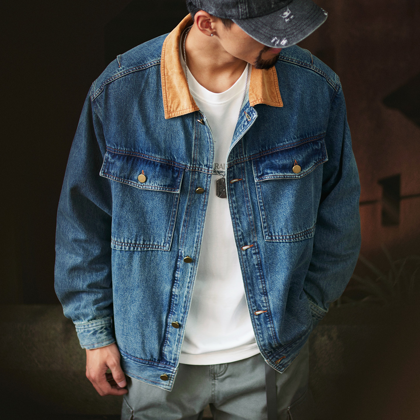 American Retro Contrasting Corduroy Men'S New Loose Collared Denim Jacket