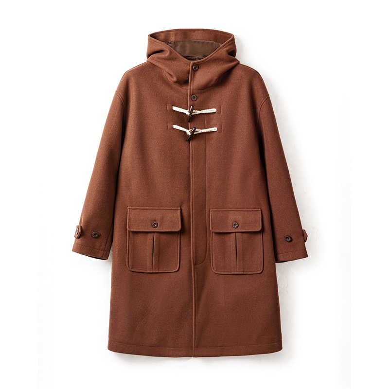 Maden retro horn button hooded woolen coat, college style loose long jacket