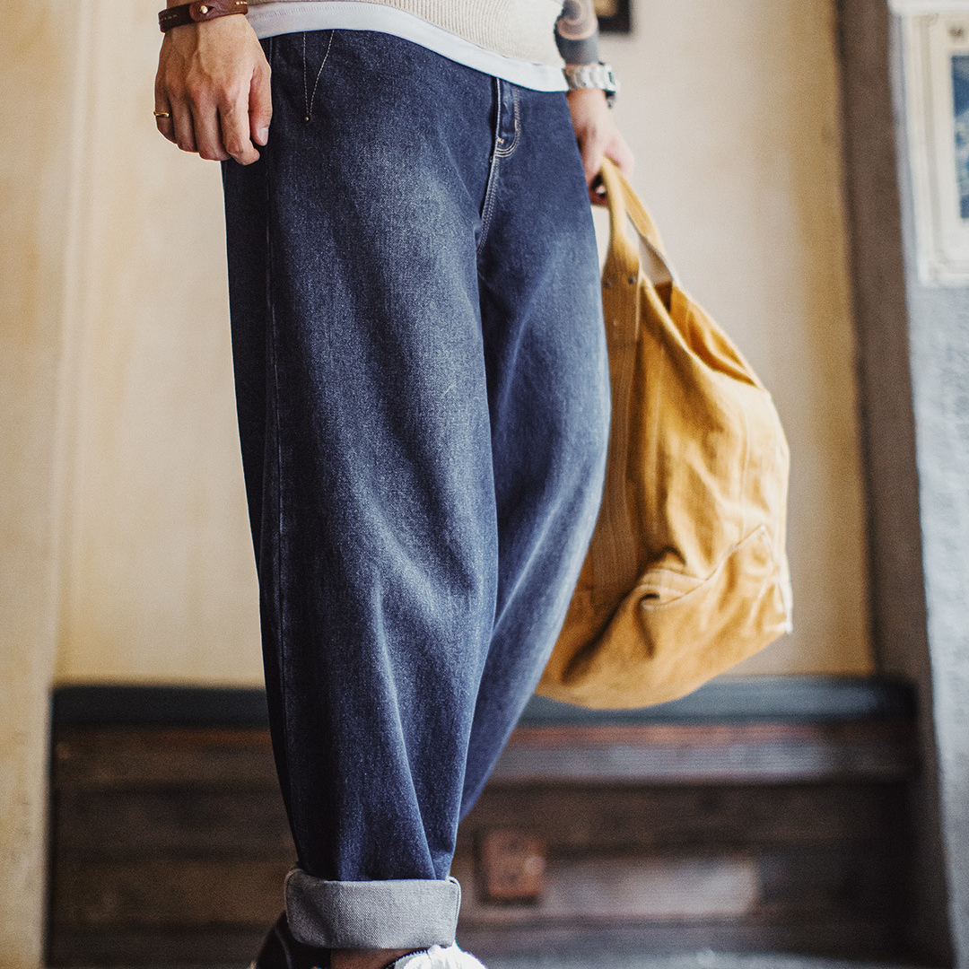 American Retro Washed Curved Knife Denim Wide Leg Hanging Casual Long Pants