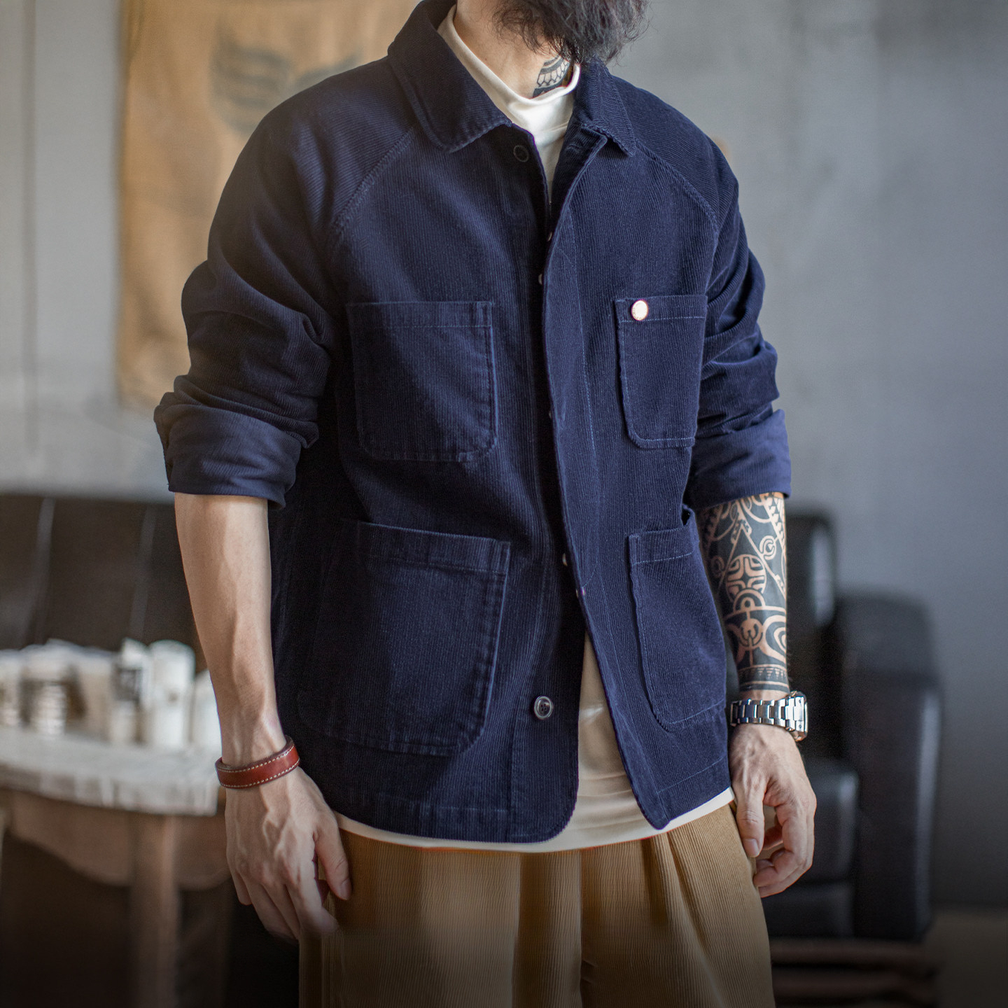 American Retro Corduroy Four Pocket Hunting Jacket Short, Navy Blue Lapel Thin Jacket