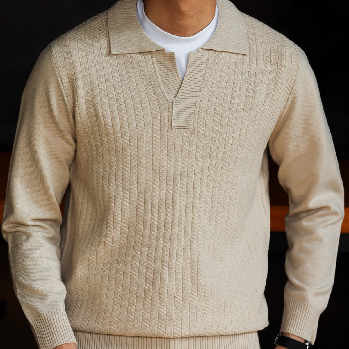 Scissor Neck Men'S Wrinkle Resistant Knitted Casual Polo Shirt