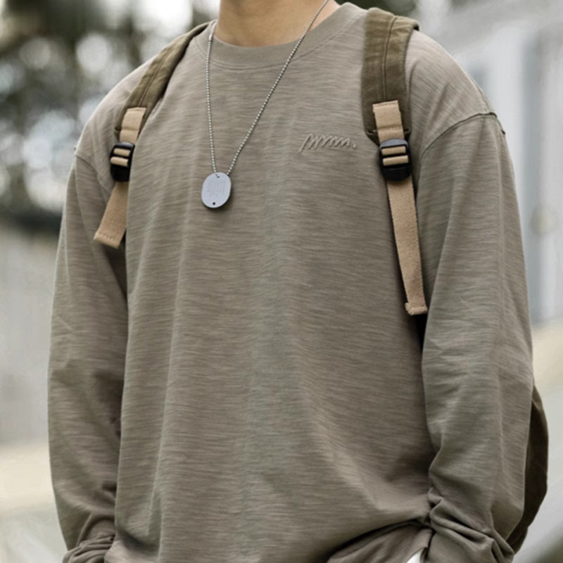 High density embroidered Indian cotton long sleeved T-shirt for men, loose and clean fit casual base shirt