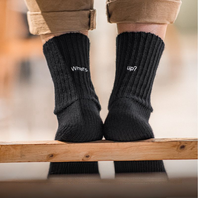 Maden retro thick thread embroidered knitted mid tube socks black sports breathable combed cotton long socks