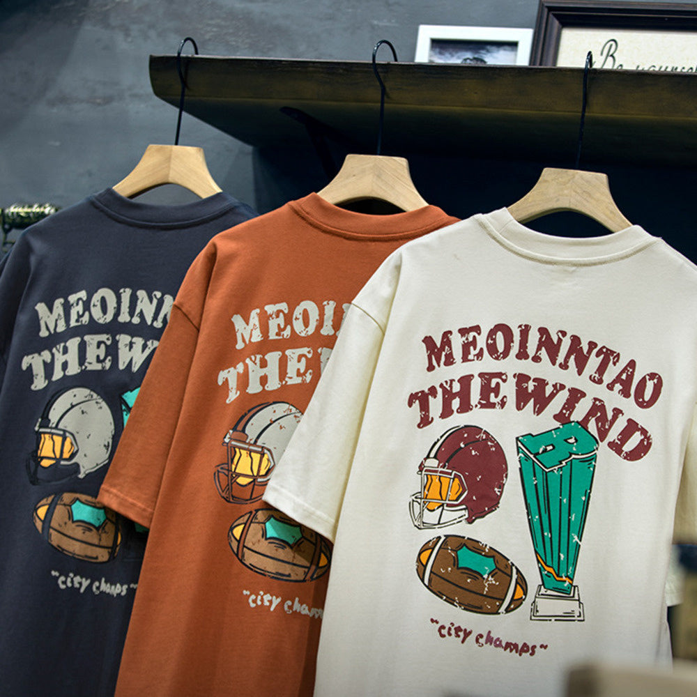 American retro 230g summer pure cotton casual printed loose round neck T-shirt