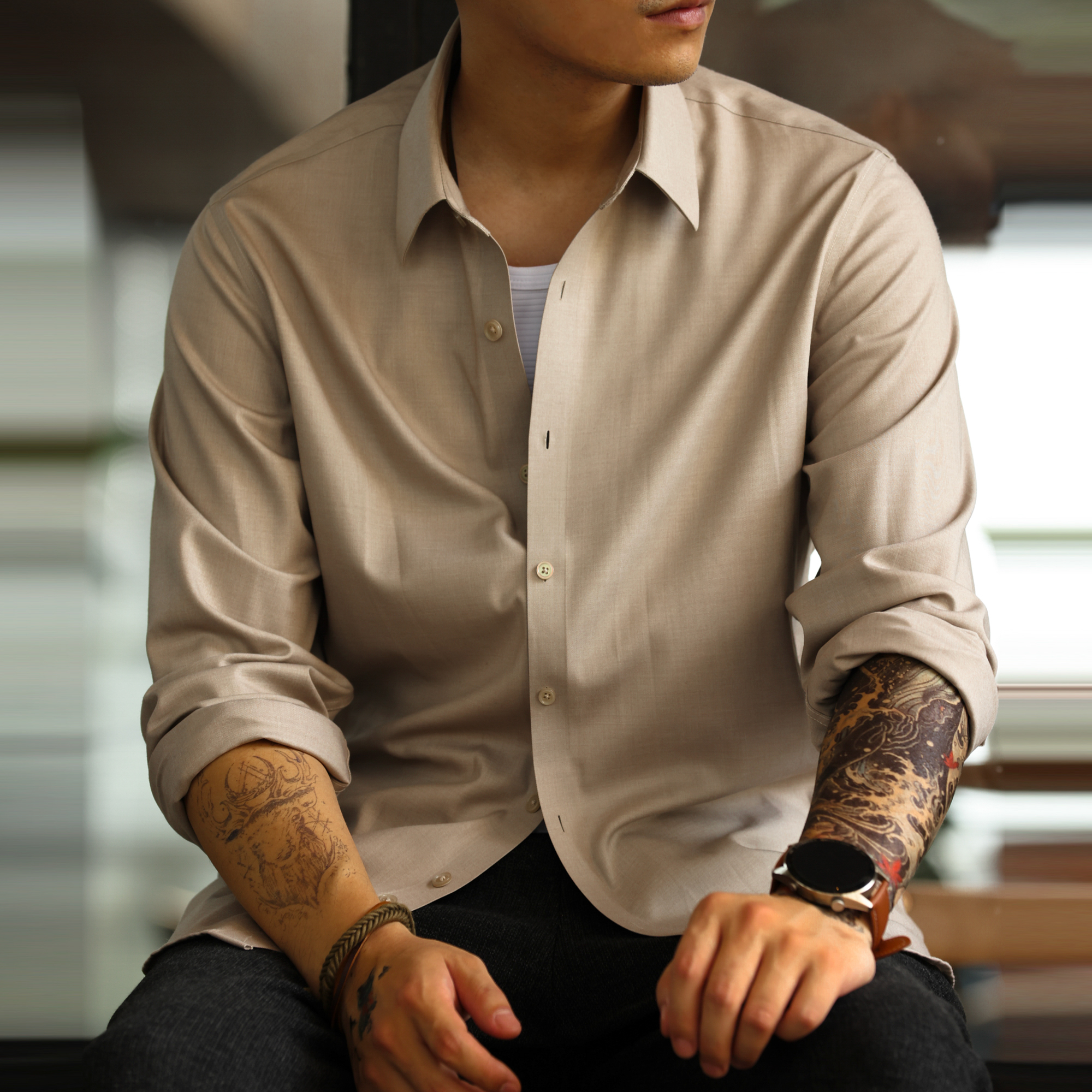 American casual commuting men's wrinkle resistant Modal long sleeved shirt