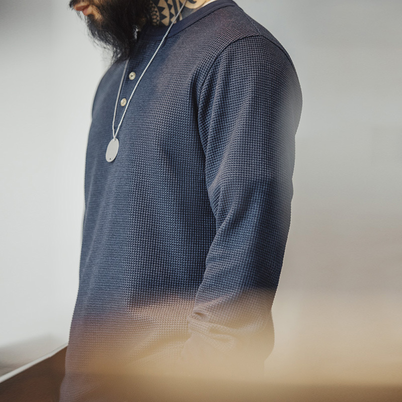 MADEN Retro Waffle Knitted Henley Shirt Slim Fit Amekaji Solid Color Long Sleeve T-shirt