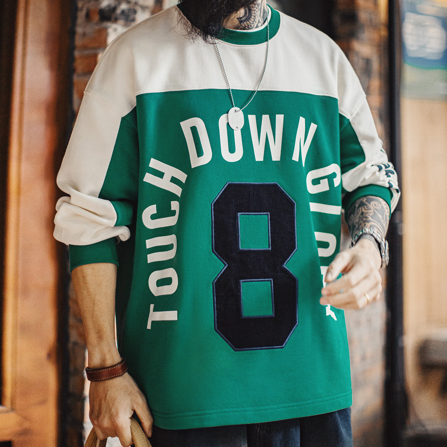 American Retro Jersey Style Contrasting Color Digital Round Neck Long Sleeved T-Shirt