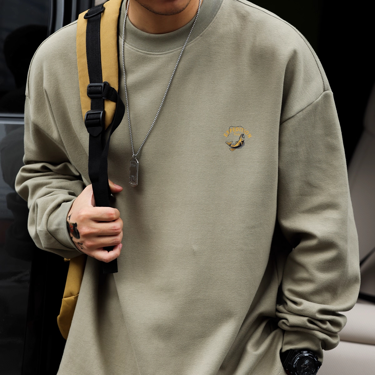 American Retro 300g Cotton Men's Small Collar Fishing Print Gray Green Long Sleeved T-Shirt