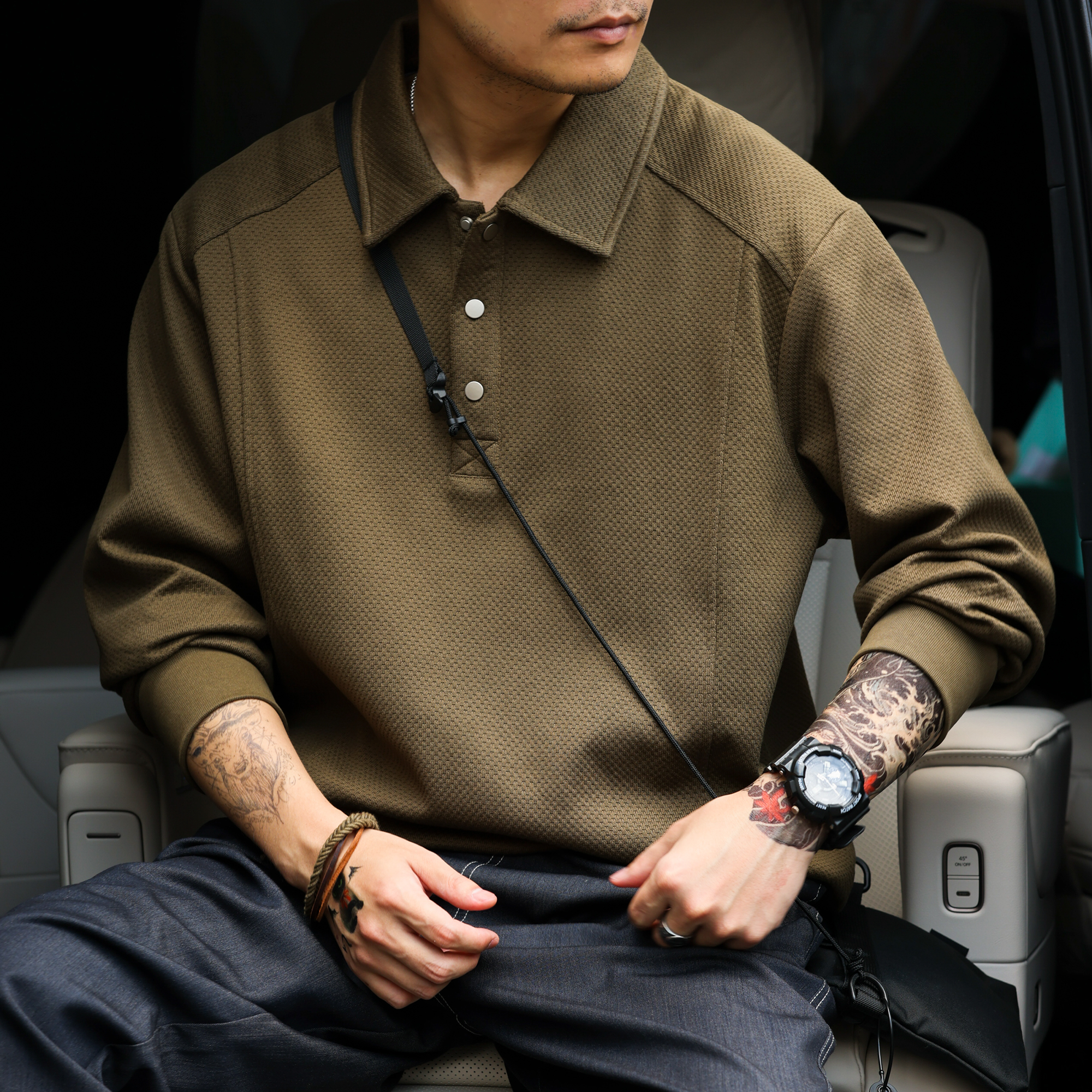 American Style Minimalist Patchwork Men's 380g Long Sleeved Polo Shirt