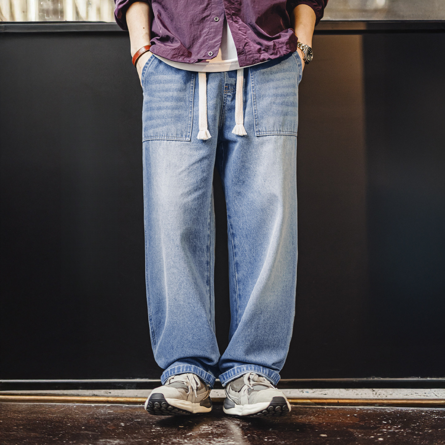 American Baker Washed Denim Wide Leg Drawstring Straight Leg Casual Jeans