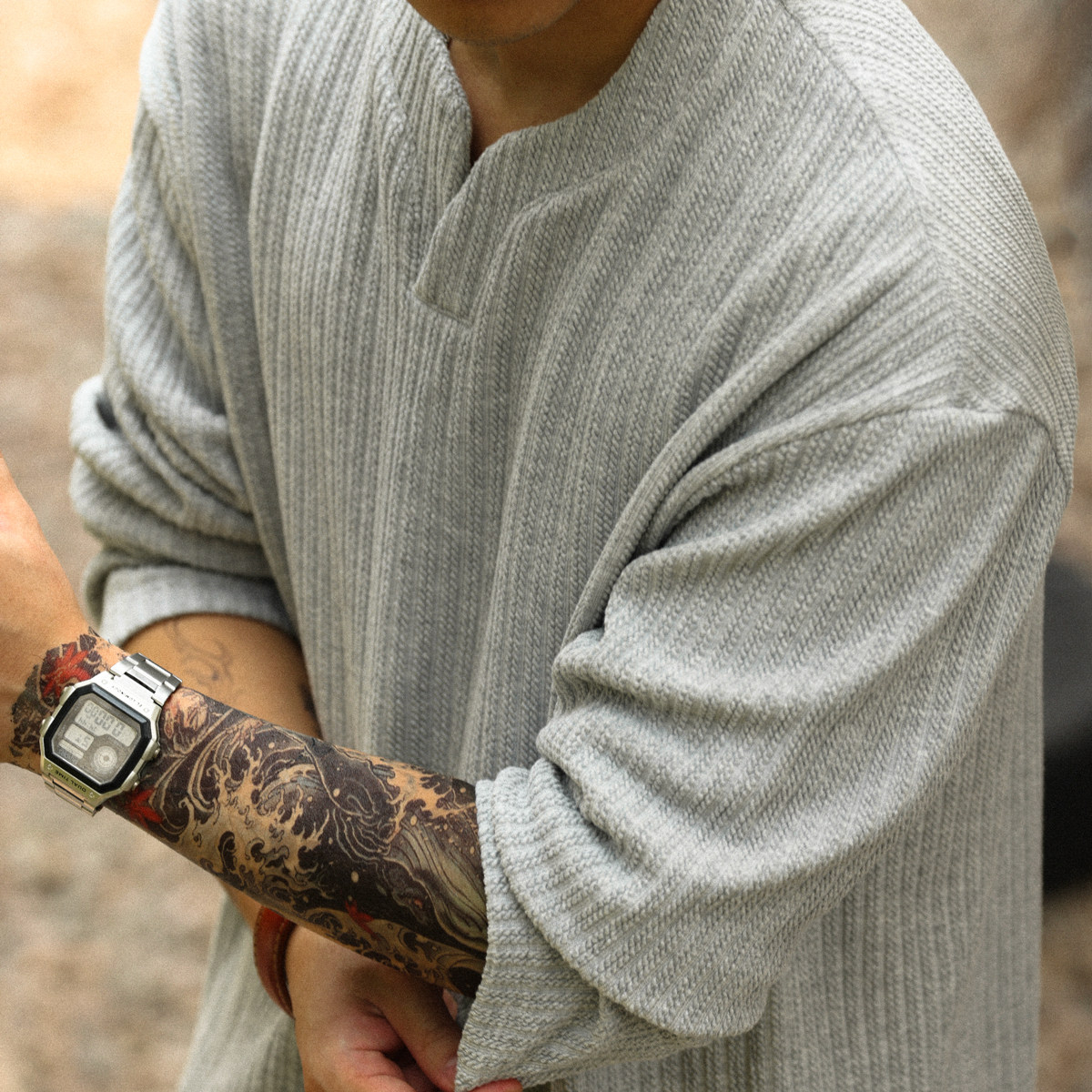 American Jacquard Small V-neck Men's 330g Stacked Long Sleeve T-shirt