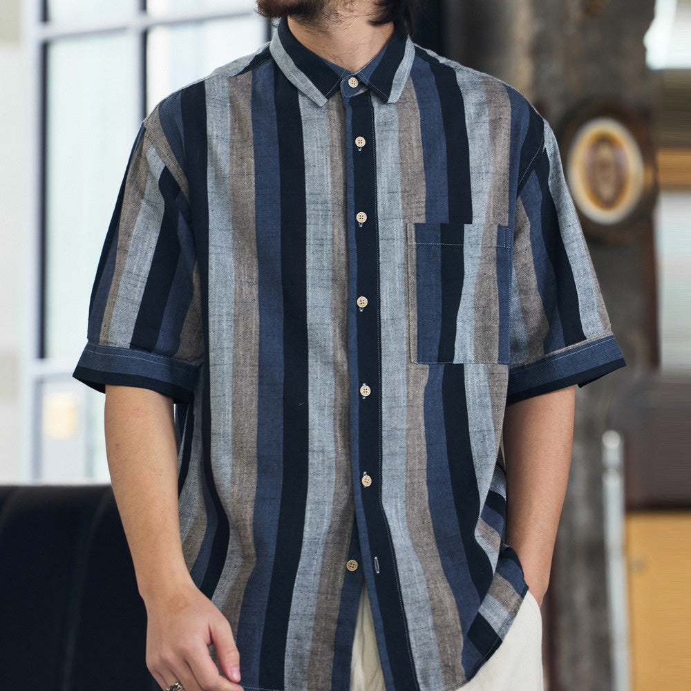 Japanese retro 150g men's contrasting striped short sleeved T-shirt