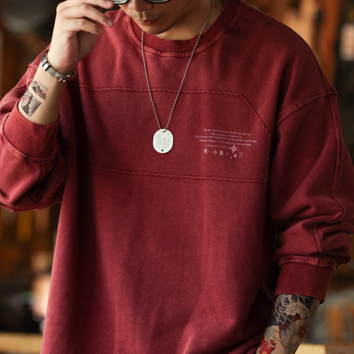 American Retro 320g Washed Vintage Men'S 3D Embroidered Round Neck T-Shirt