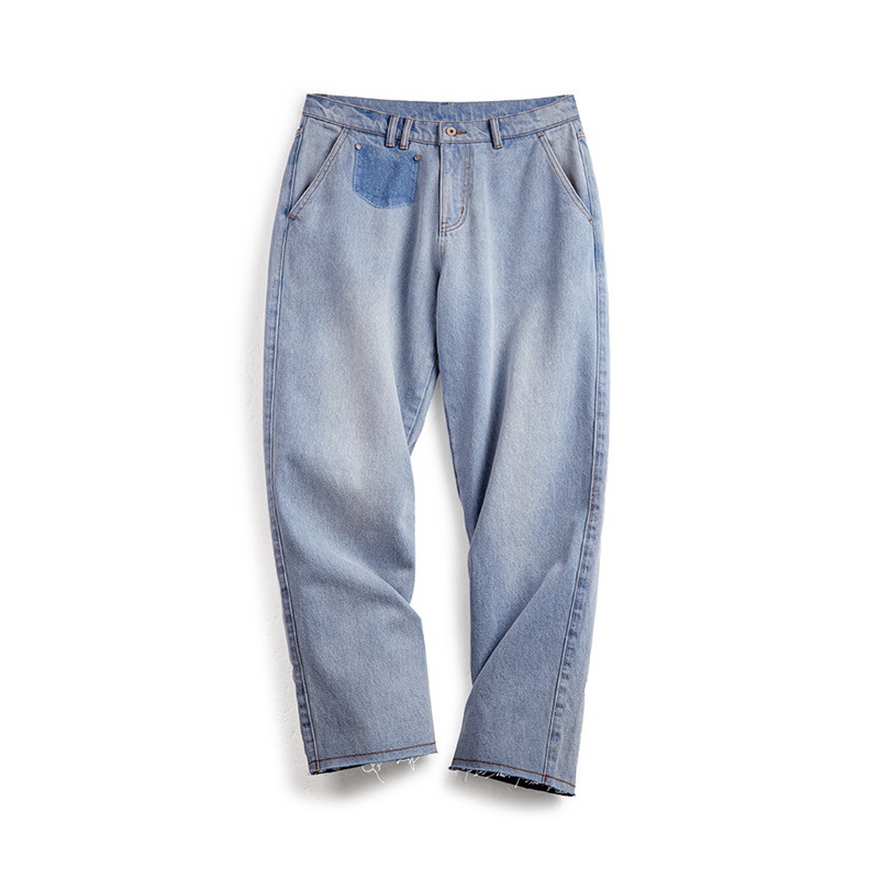 American Retro Washed Blue Pure Cotton Fringed Straight Leg Casual Dad Denim Jeans