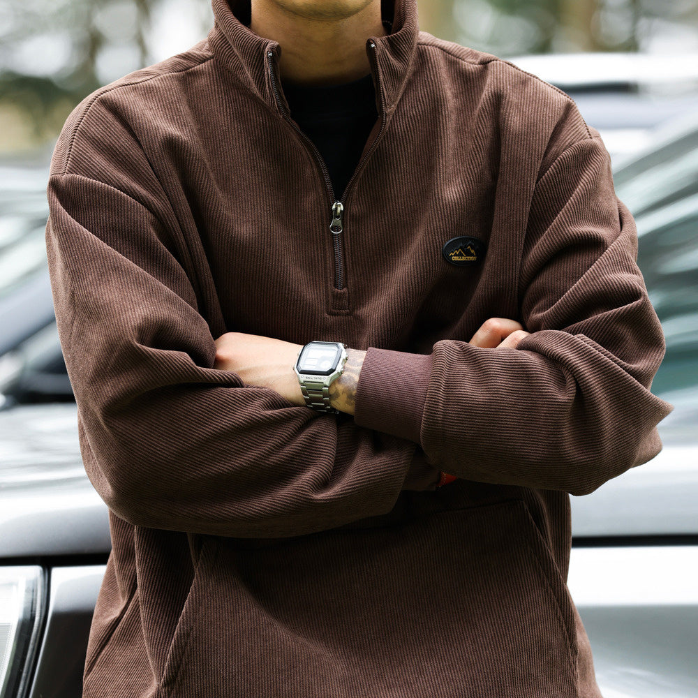 Vintage half-zip stand-up collar corduroy sweatshirt padded warm cleanfit tops jacket